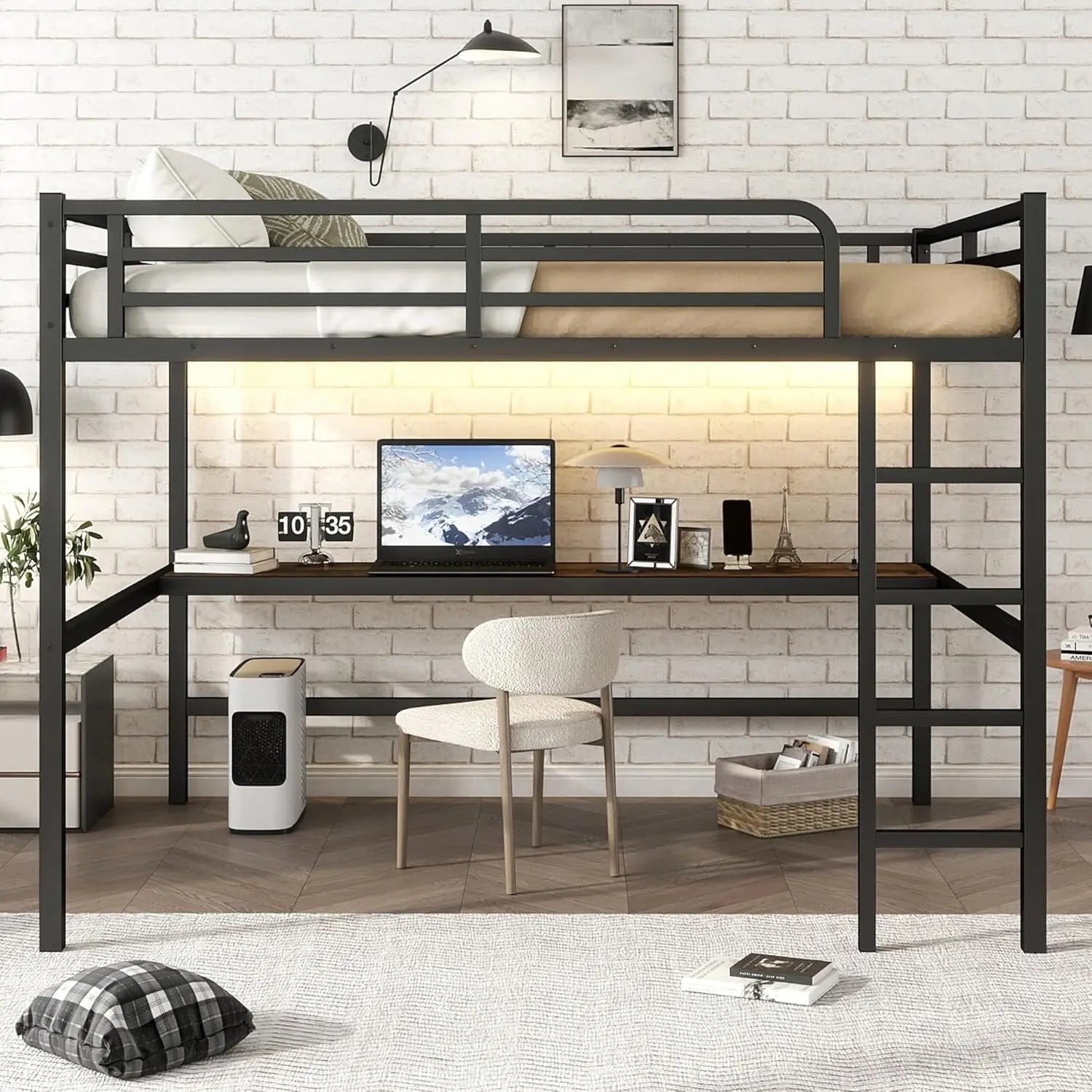 Sturdy Metal Loft Bed Desk LED Lighting And USB Charging