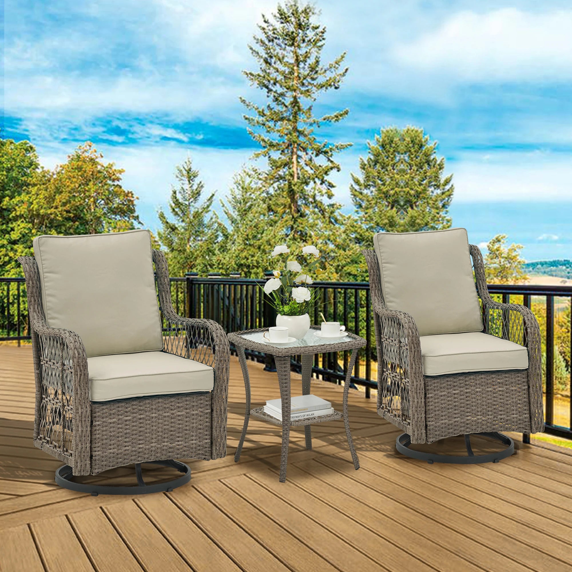 HobbyLane Outdoor Wicker Swivel Chair Set With Rattan Side Table