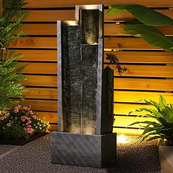 Garden Water Fountain Outdoor Modern Cascading Floor Standing With Lights