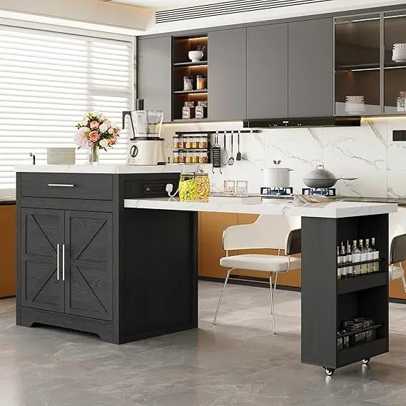 LZJV Farmhouse Rolling Kitchen Island With Extendable Table For 4-6