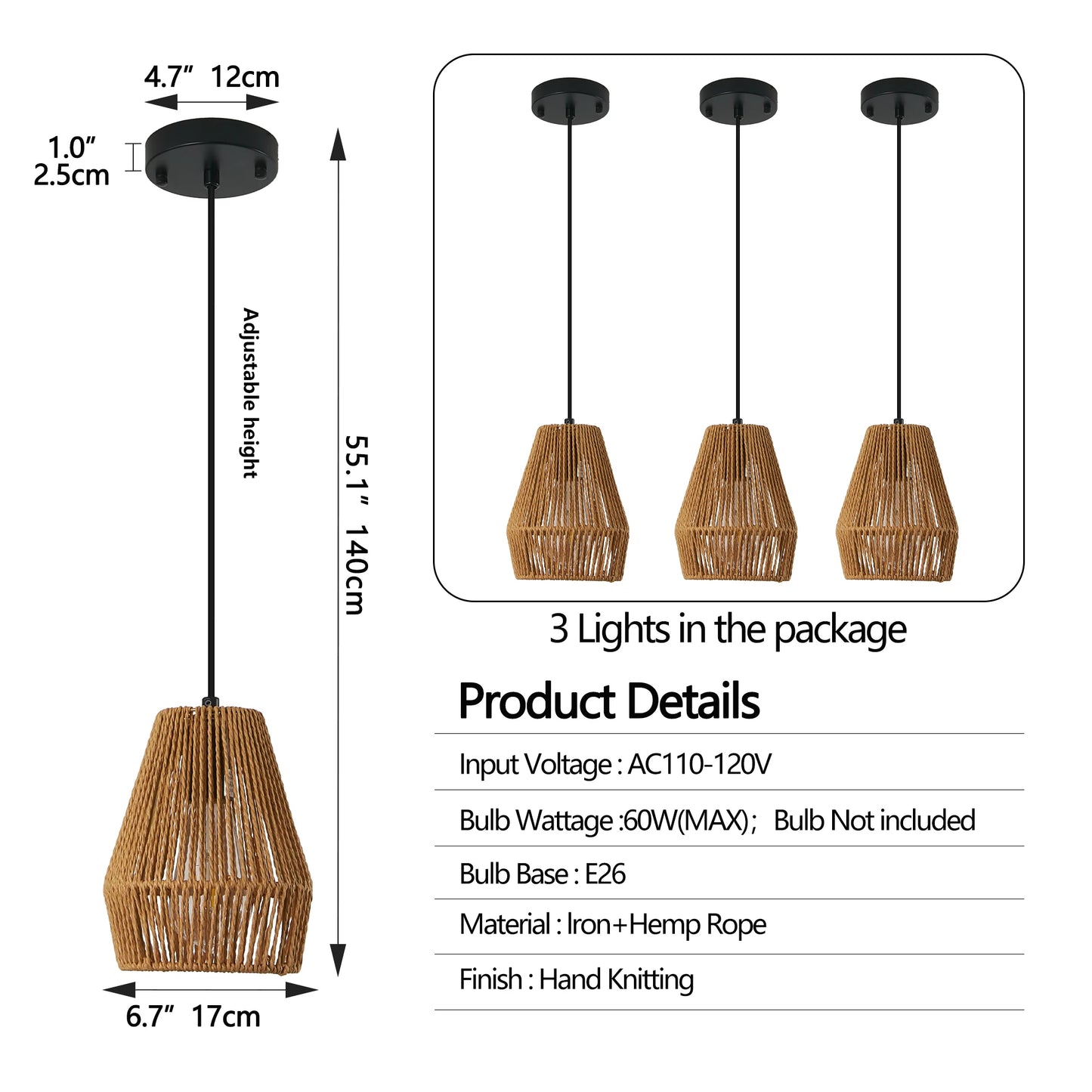 3 Pack Rustic Hemp Rope Pendant Light, Handcrafted Farmhouse Hanging Light Fixture, Adjustable Height Ceiling Lamp (No Bulb)