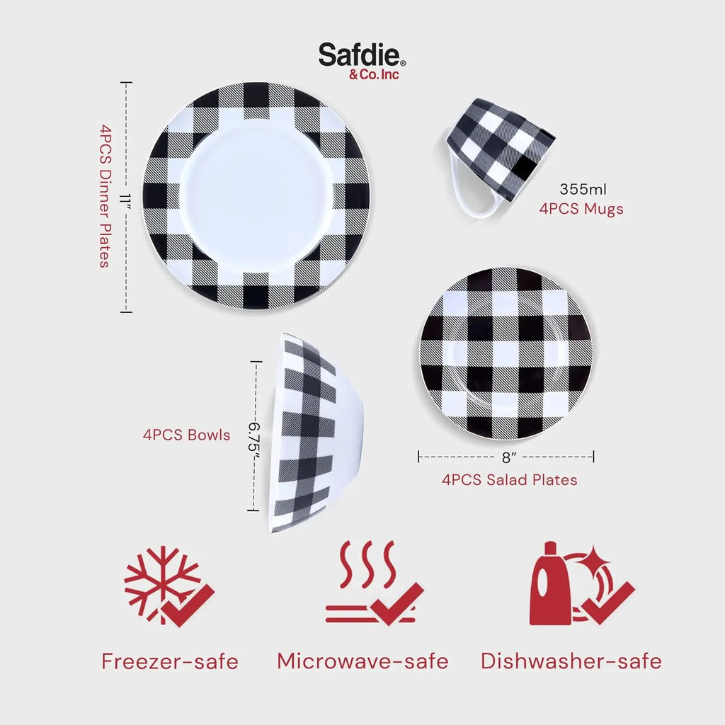 Dishwasher Safe Plaid Dinnerware Set with Mugs for Everyday Use