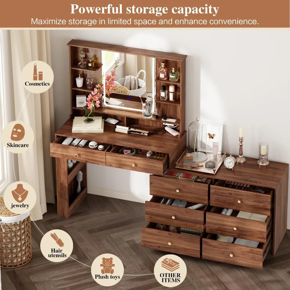 Vanity Desk With Mirror Lights And Eight Drawers Storage Shelves
