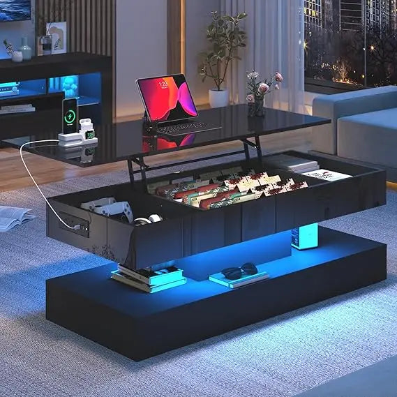 47.2" Large Lift Top Coffee Table,Modern High Glossy LED Coffee Tables for Living Room with Storage,Black Living Room Tables for