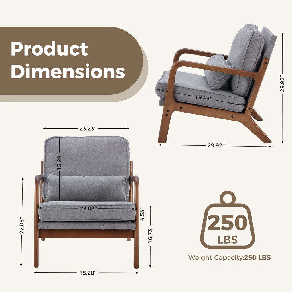 JHK Mid Century Modern Chair Solid Wooden Frame Accent Chair with Arms and Waist Cushion Reading Chairs for Adults Lounge Chair