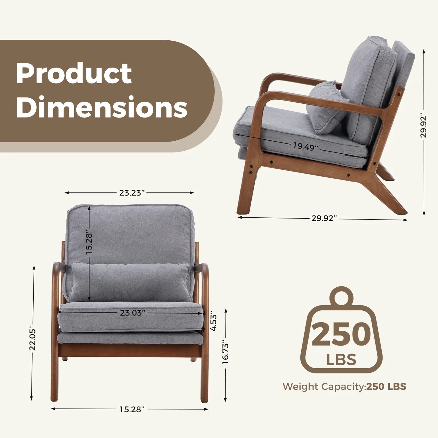JHK Mid Century Modern Chair Solid Wooden Frame Accent Chair with Arms and Waist Cushion Reading Chairs for Adults Lounge Chair