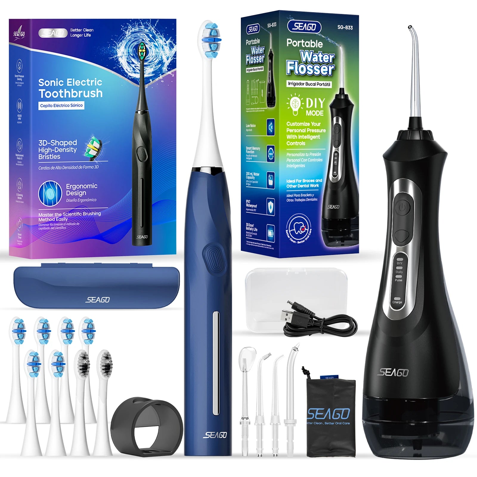 Seago Electric Toothbrush And Water Flosser Rechargeable 8 Bristle Heads