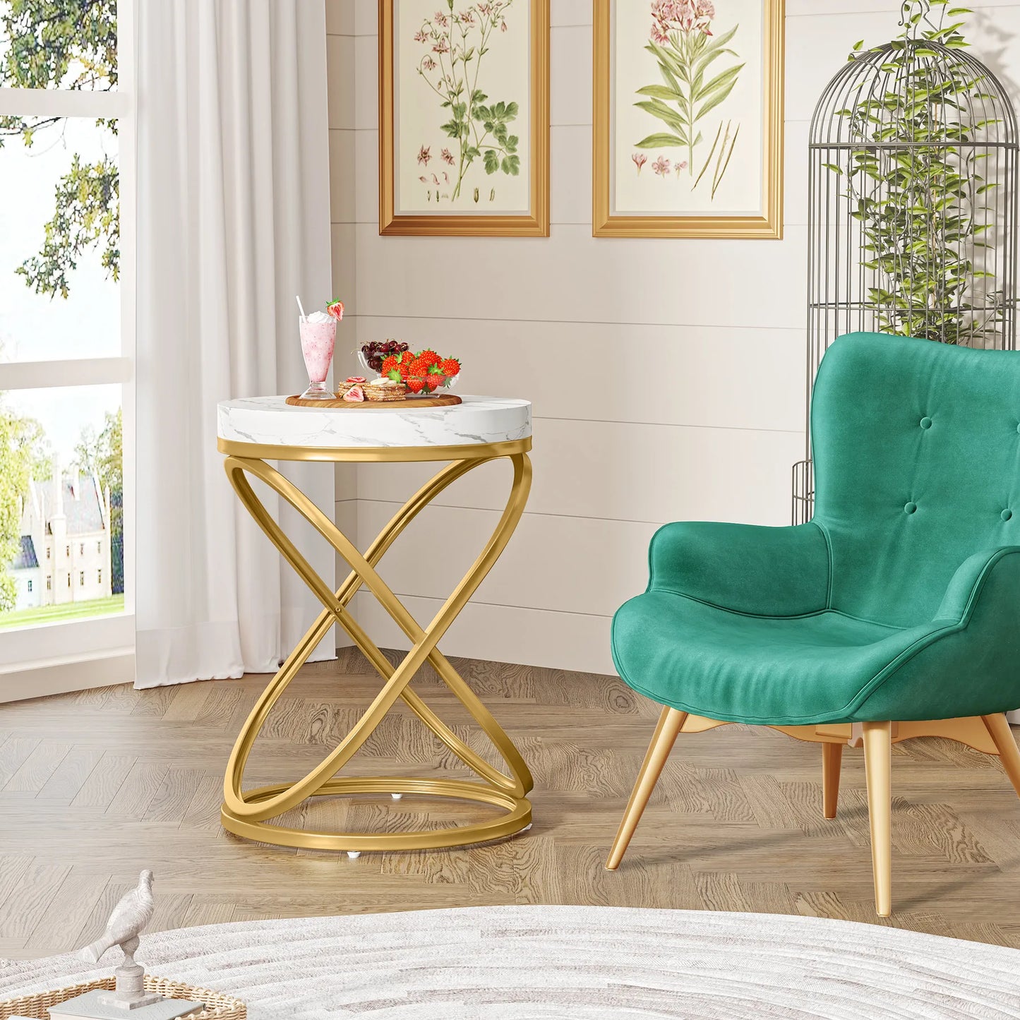 Tribesigns 26 Inches White and Gold Faux Marble Top End Tables Living Room, Round Nightstands Sofa Side Table with X-Shaped