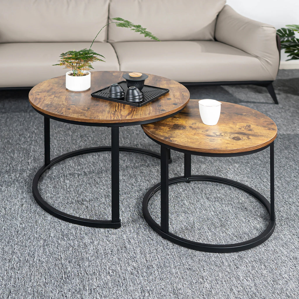 Nesting Coffee Table Set With Round Rustic Solid Wood Top