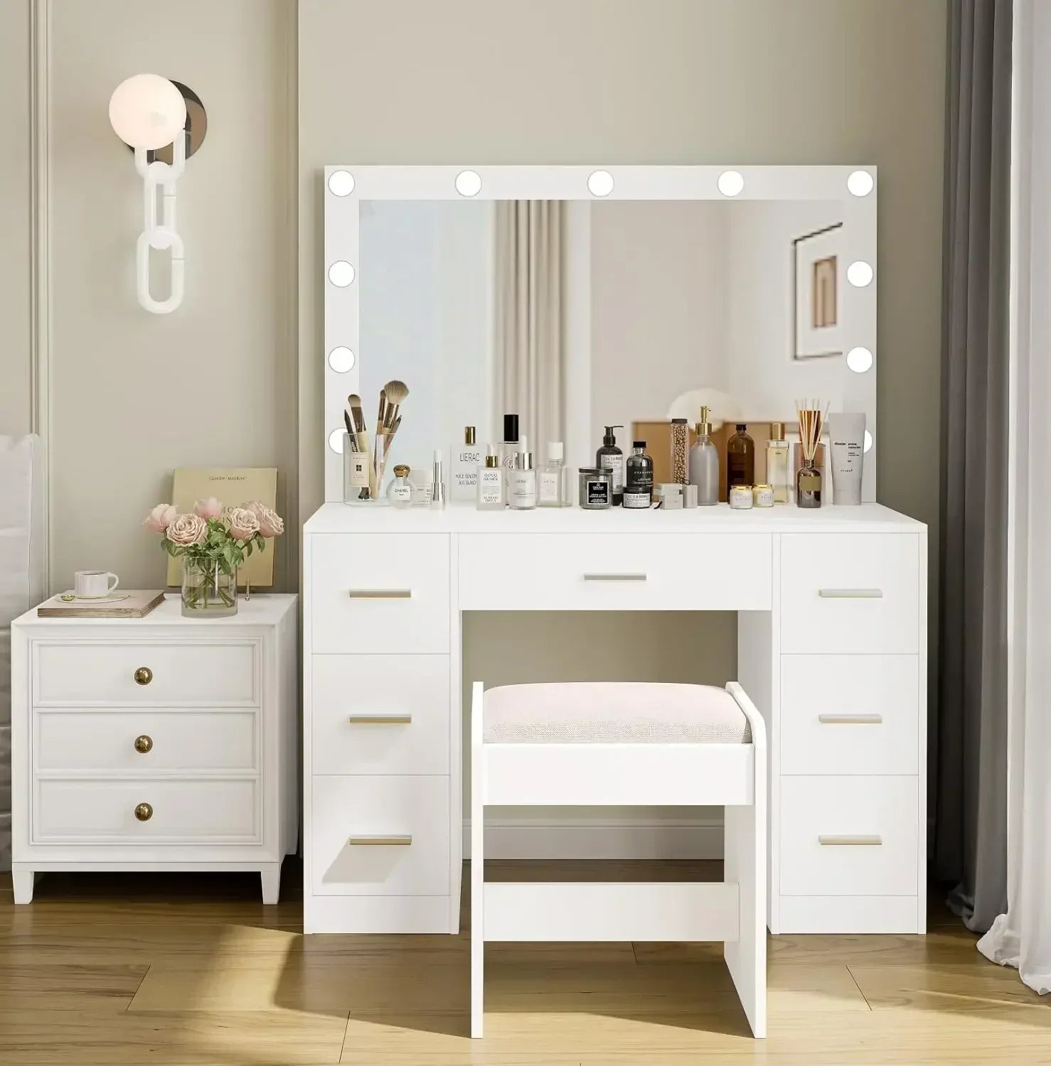 XMSJ Vanity Table With Lighted Mirror 3 Lighting Modes