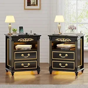 RBXC Farmhouse Nightstand With Gun Drawer LED Lighting And Charging Station