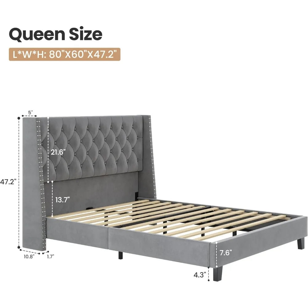 ANGDUO Velvet Wingback Platform Bed Frame With Slats