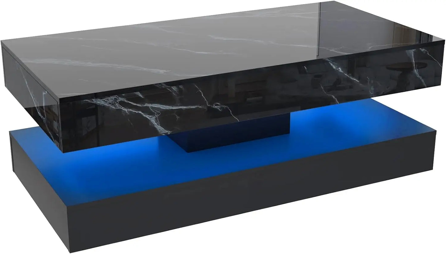 QiaoShiRen Modern Coffee Table With LED Lights Double Layer Storage Drawers