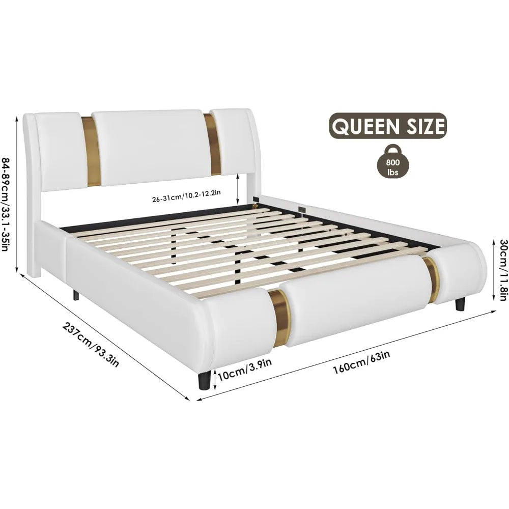 YANYING Modern Faux Leather Platform Bed Frame Golden Metal