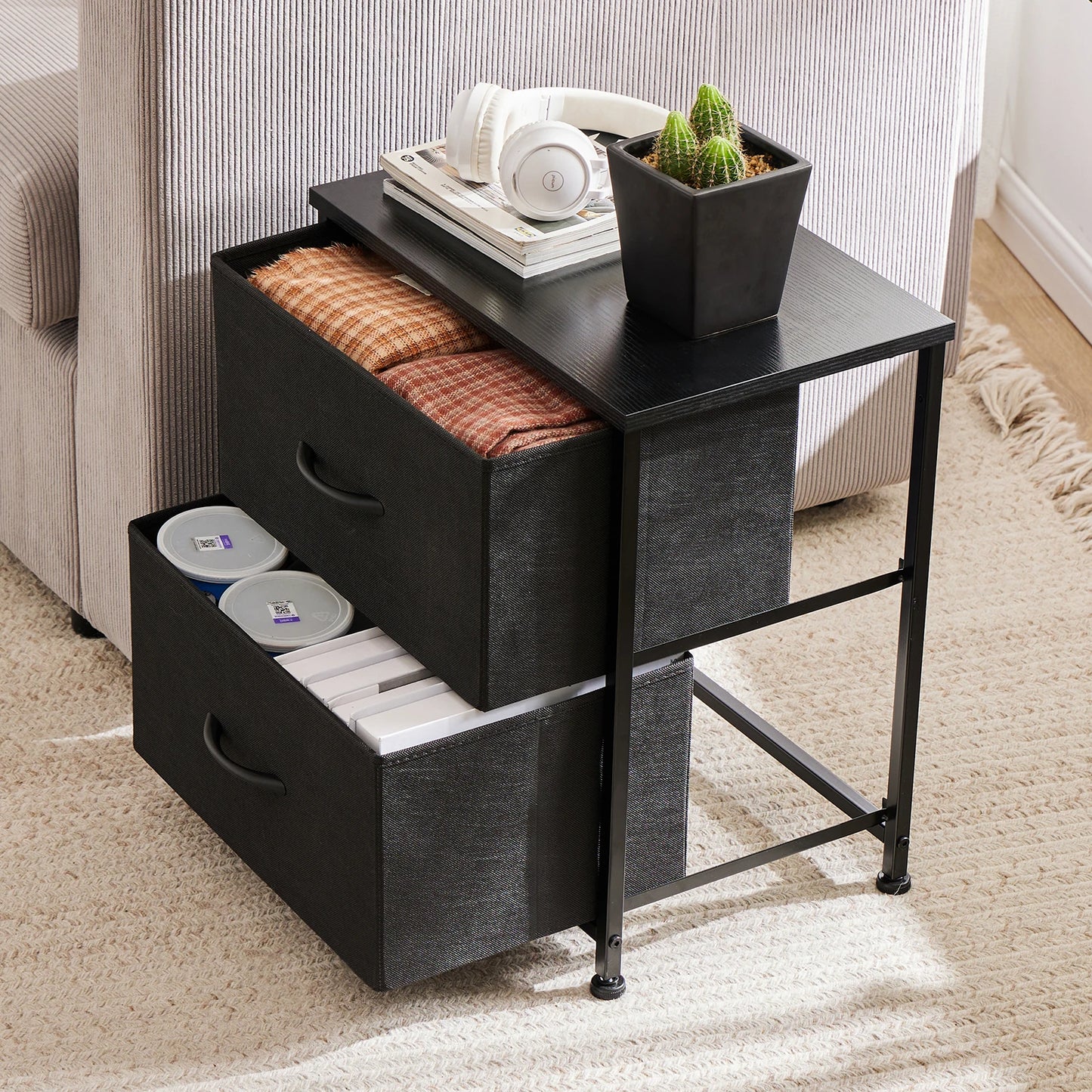 JHK Nightstand Bedside Table With Drawer Storage Two Fabric Drawers