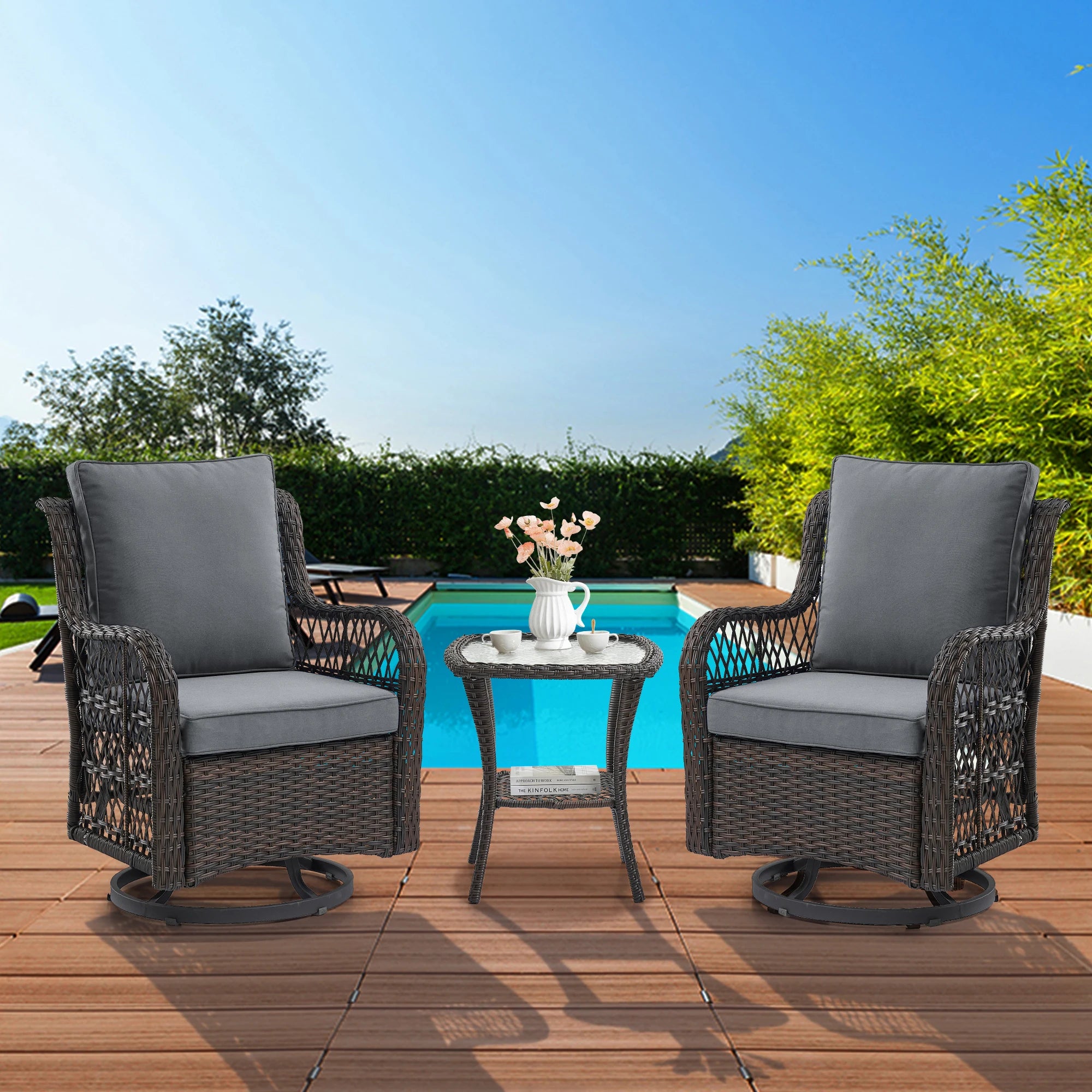 HobbyLane Outdoor Wicker Swivel Chair Set With Rattan Side Table