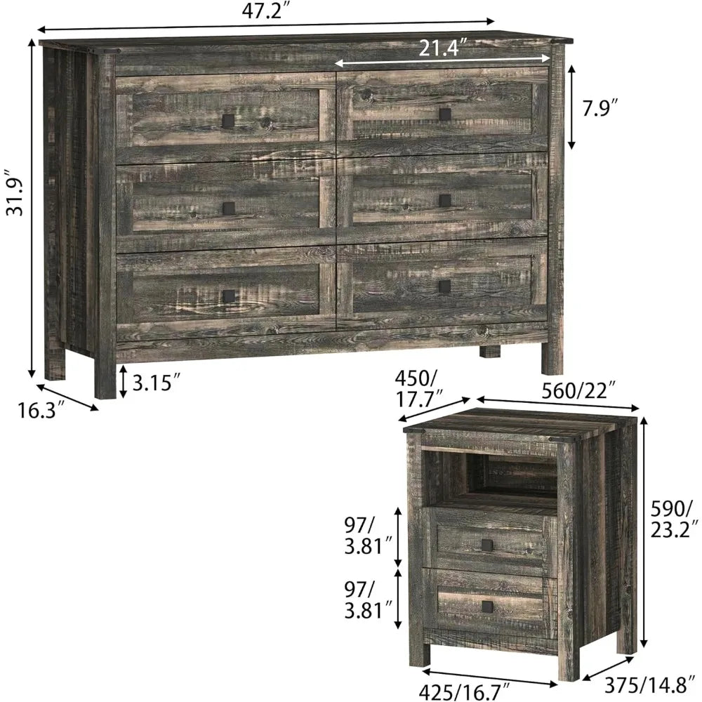 RBXC Farmhouse 3-Piece Bedroom Set With Rustic Dresser And Nightstands