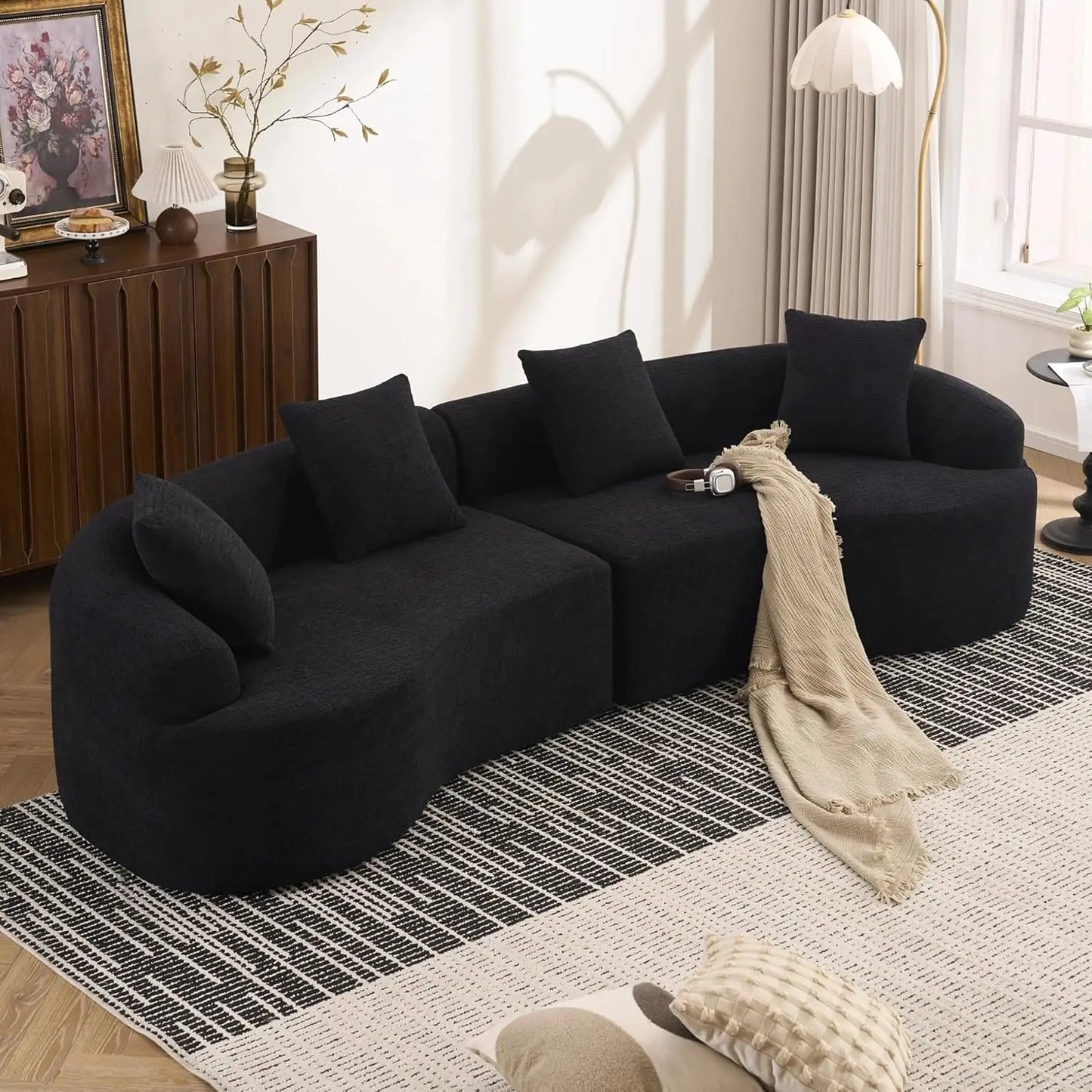 110‘’ Boneless Curved Sofa, Modern Cloud 4-Seater Floor Couch, Minimalist Compression Sofa for Living Room, Customized