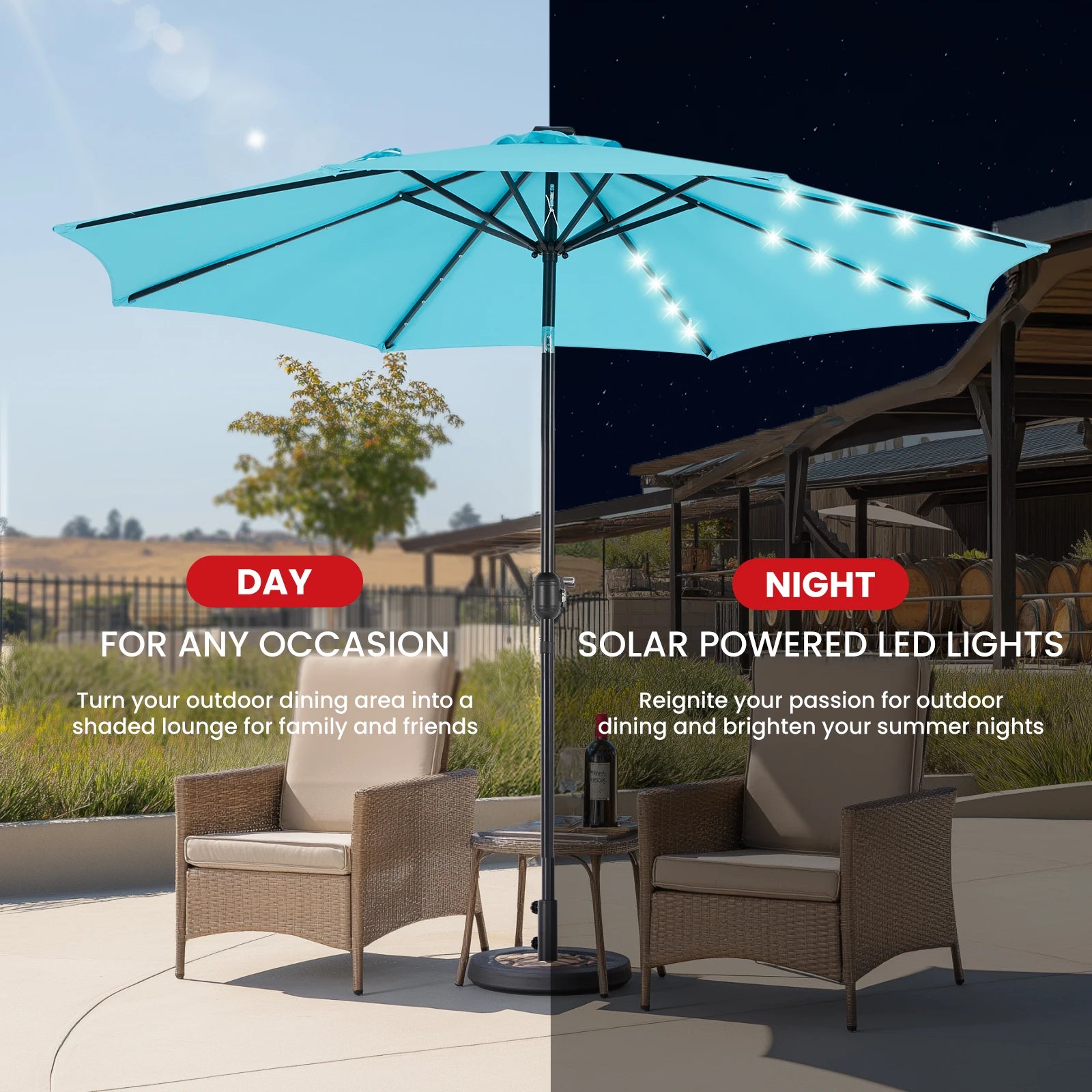 JHK 10ft Outdoor Solar Patio Umbrella With UV Resistant 32 LED Lights And Tilt