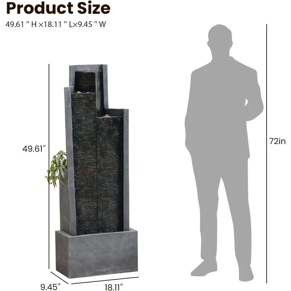 Garden Water Fountain Outdoor Modern Cascading Floor Standing With Lights