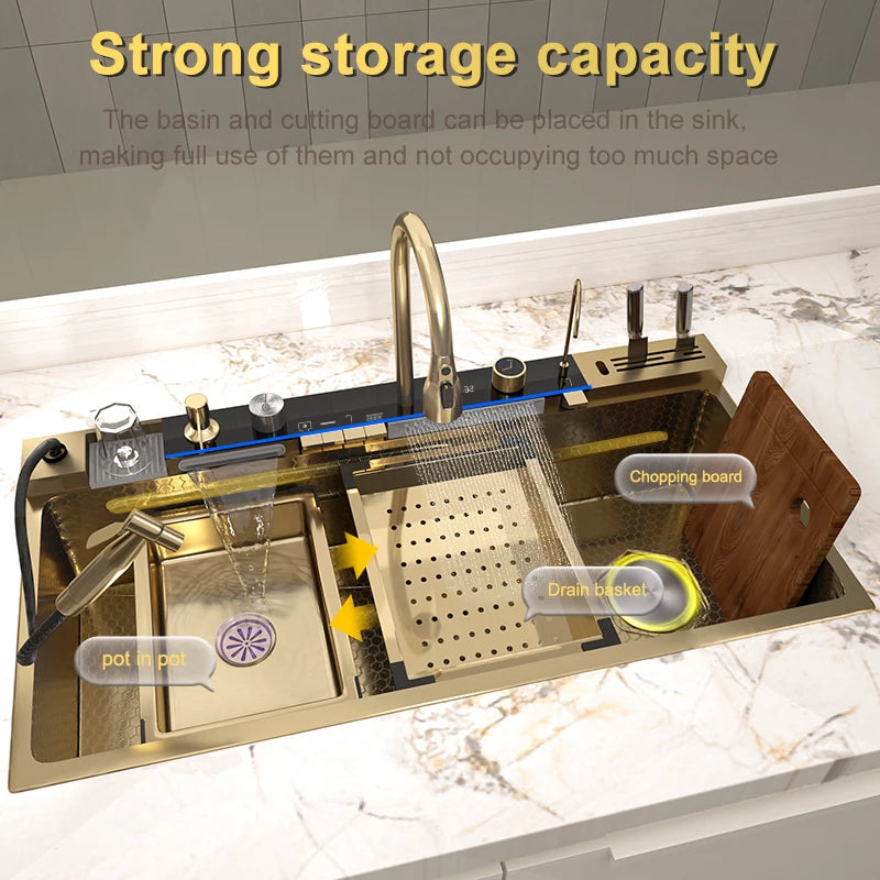 Telisiya Golden Stainless Steel Waterfall Kitchen Sink