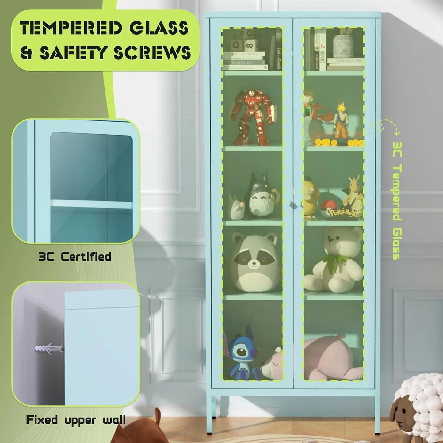 67" Metal Glass Display Cabinet, Storage Cabinet for Collectibles, Curio, China, Books, Display Case with Glass Doors