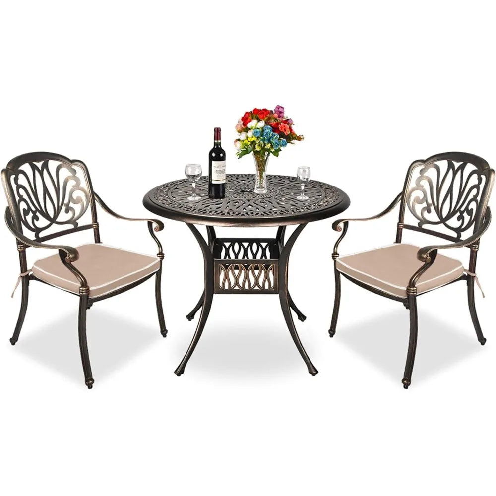 DAFIFY 3 Piece All Weather Outdoor Cast Aluminum Patio Dining Set With Round Table And Chairs