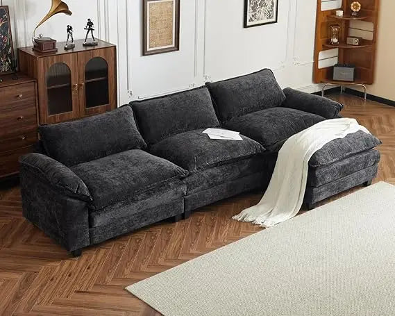 122" Sectional Couch 3-Seat Deep Sofa Couch with Ottoman Modern L Shape Sectional Sofa Chenille Upholstered for Living Room, Ap