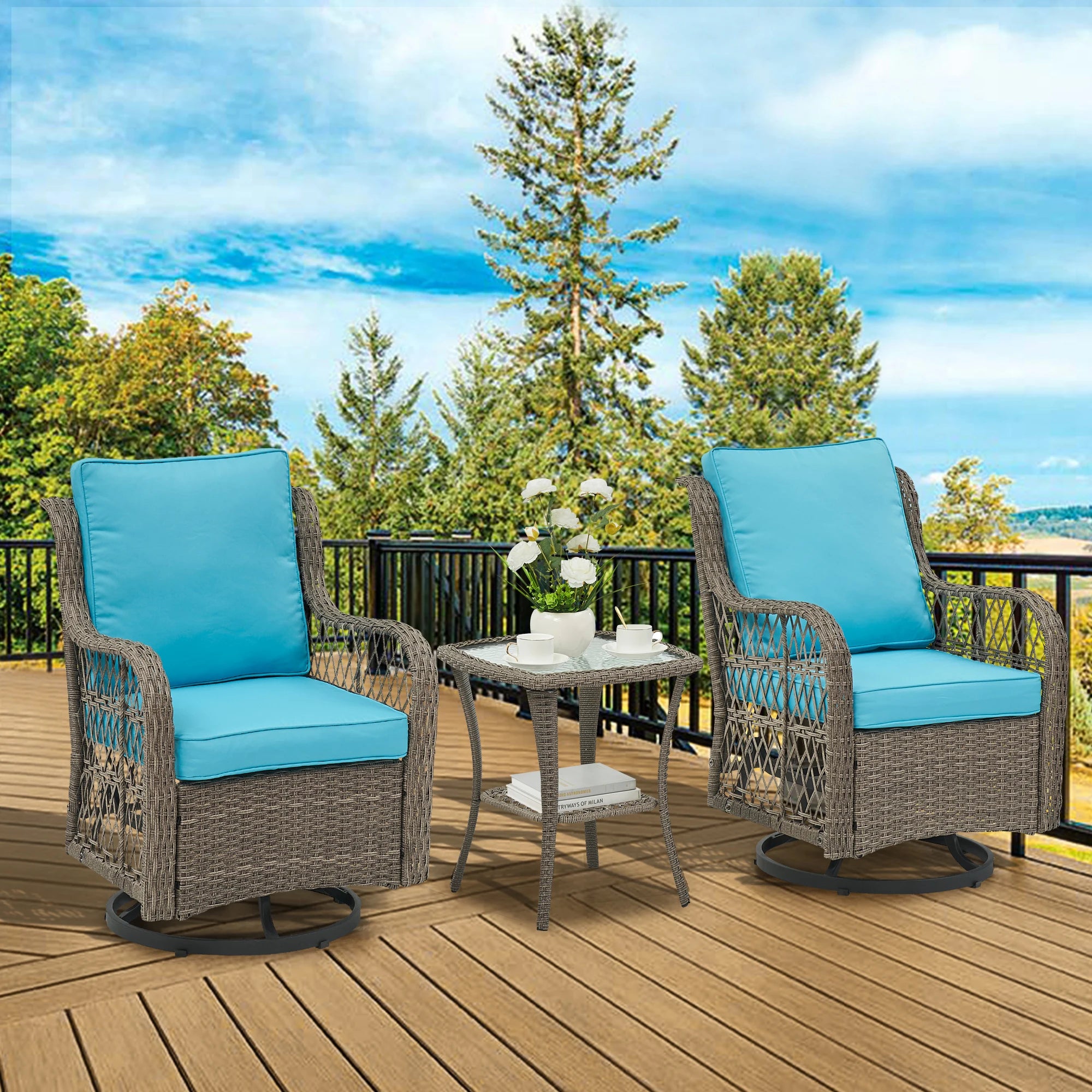 HobbyLane Outdoor Wicker Swivel Chair Set With Rattan Side Table