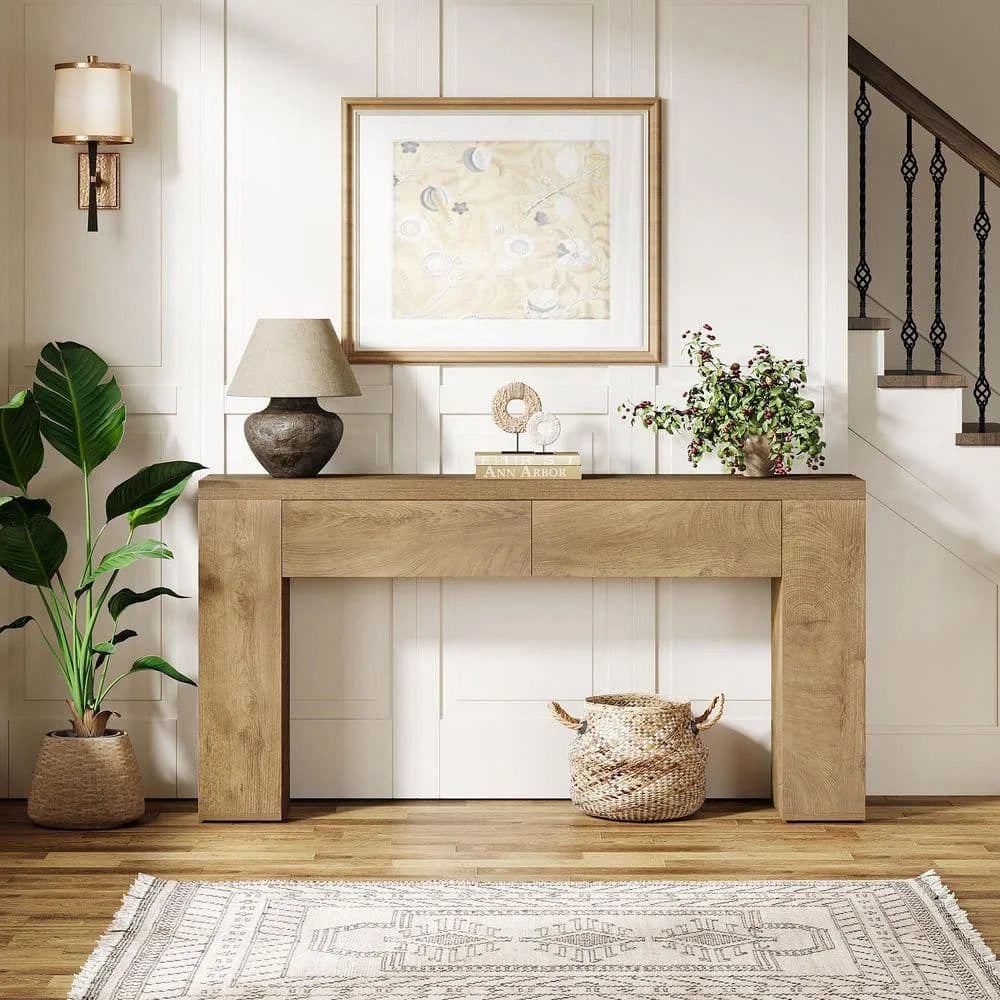 Wood Console Table With Two Drawers And Sturdy Pedestal