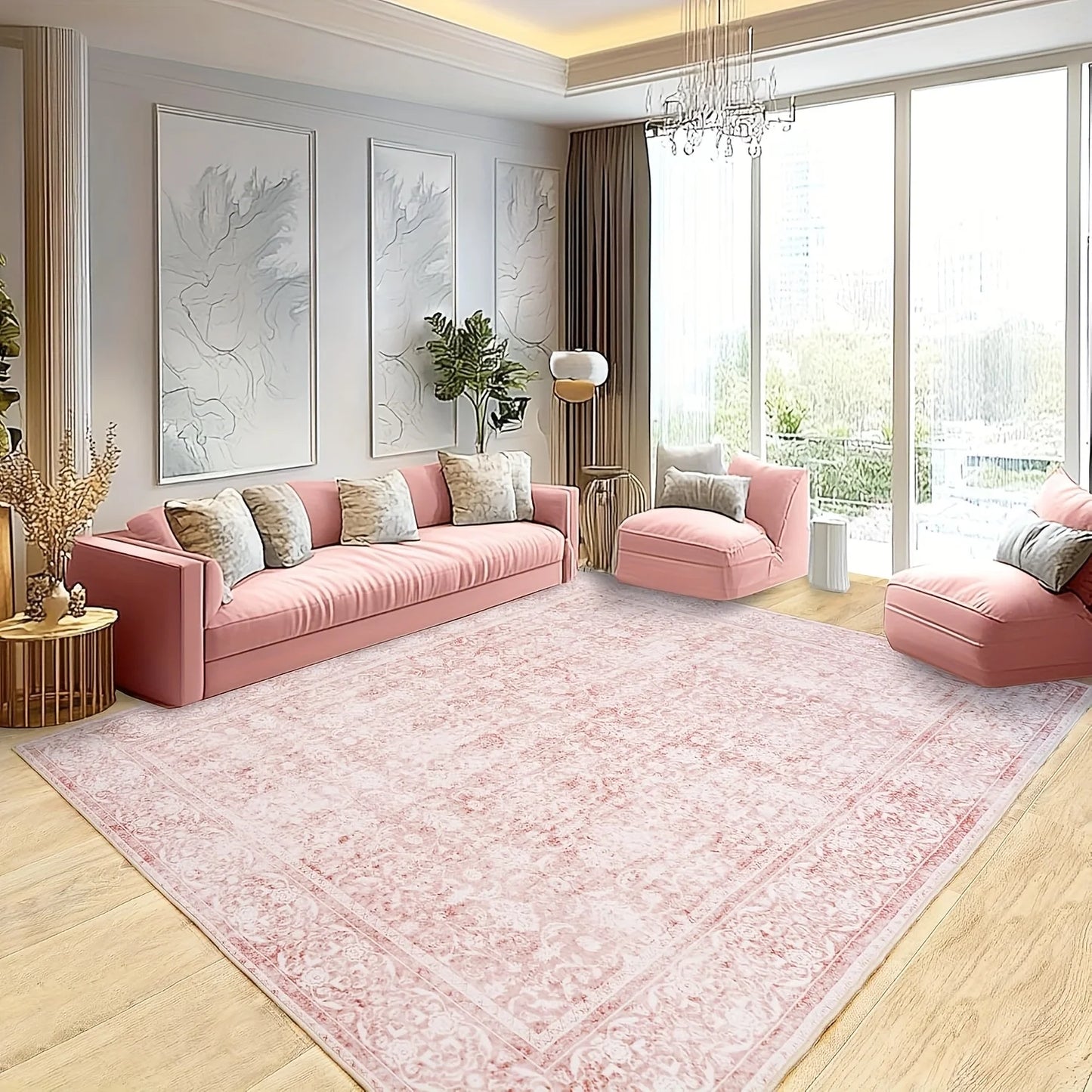 Gnizama pink floral full wall living room large area rug, washable vintage floral living room rug, bedroom large area rug