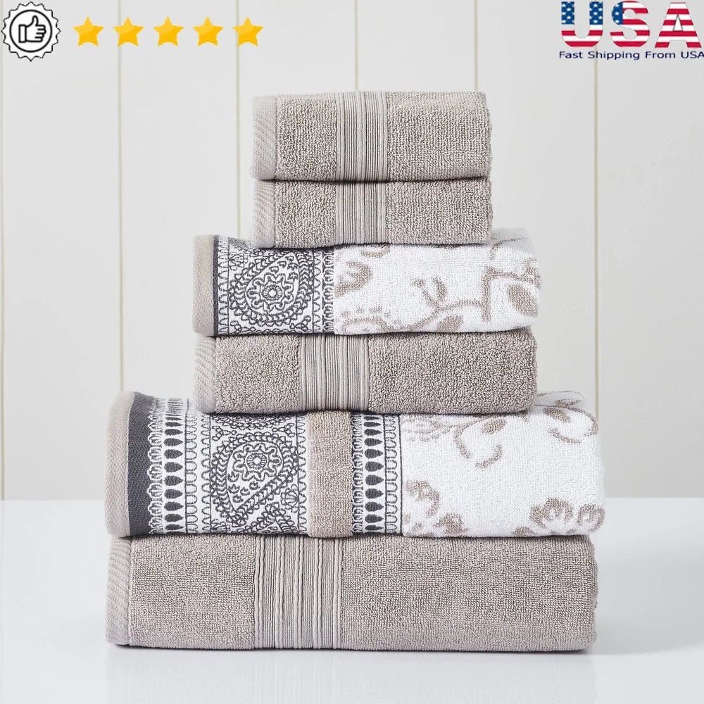 Cotton Bath Towel Set 6-Piece Quick Dry Floral Oeko-Tex Certified