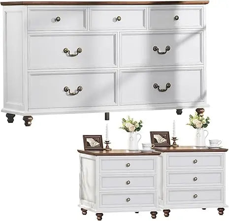 MKDK Farmhouse Dresser And Nightstands Set 3-Piece With Storage