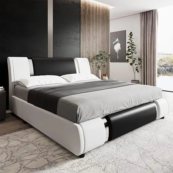 YANYING Modern Faux Leather Platform Bed Frame Golden Metal