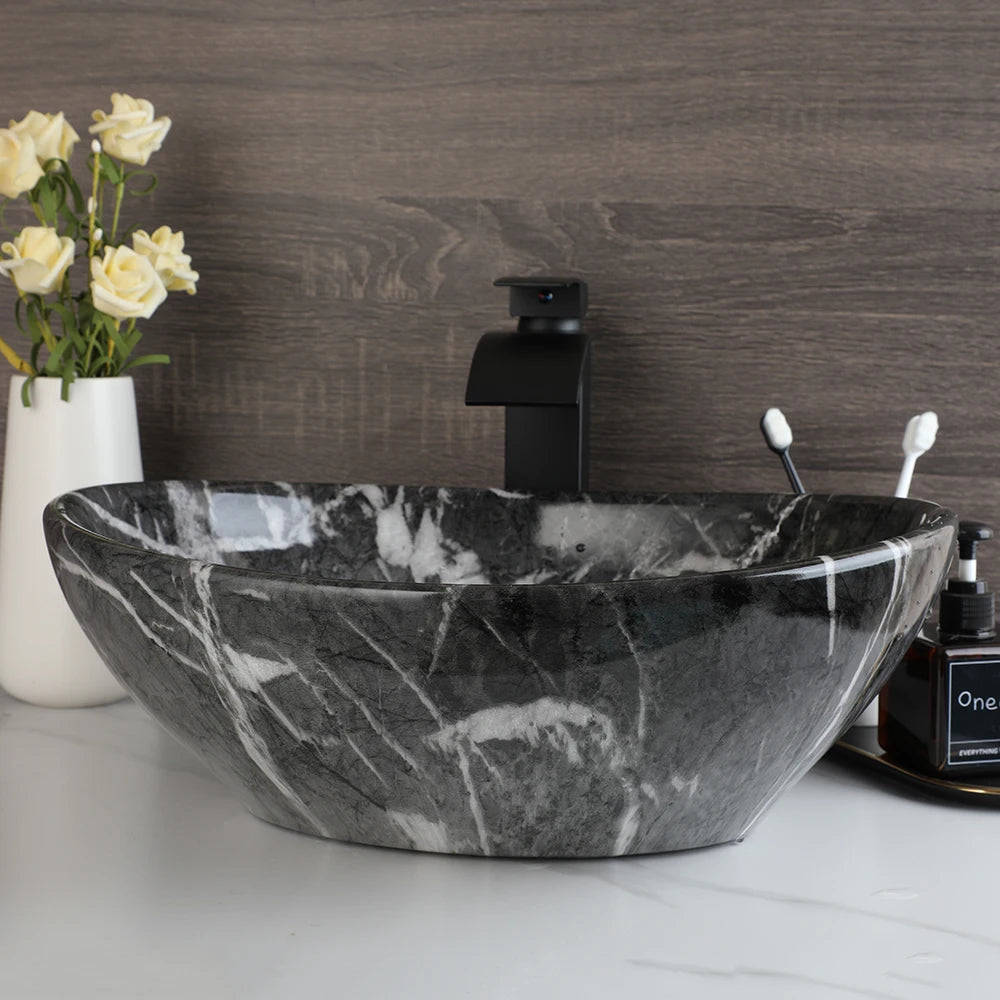 ZAPPO Marbling Rectangle Vessel Sink with Faucet Drain Ceramic Vessel Sinks Oval Bathroom Sink Bowl Above Counter with Mixer Tap