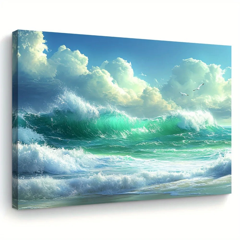 Wave Canvas Wall Art Landscape With Pine Frame Clouds