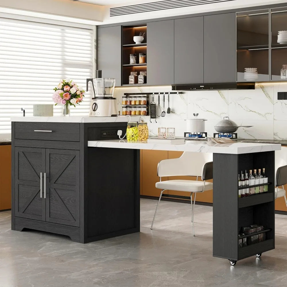 LZJV Farmhouse Rolling Kitchen Island With Extendable Table For 4-6