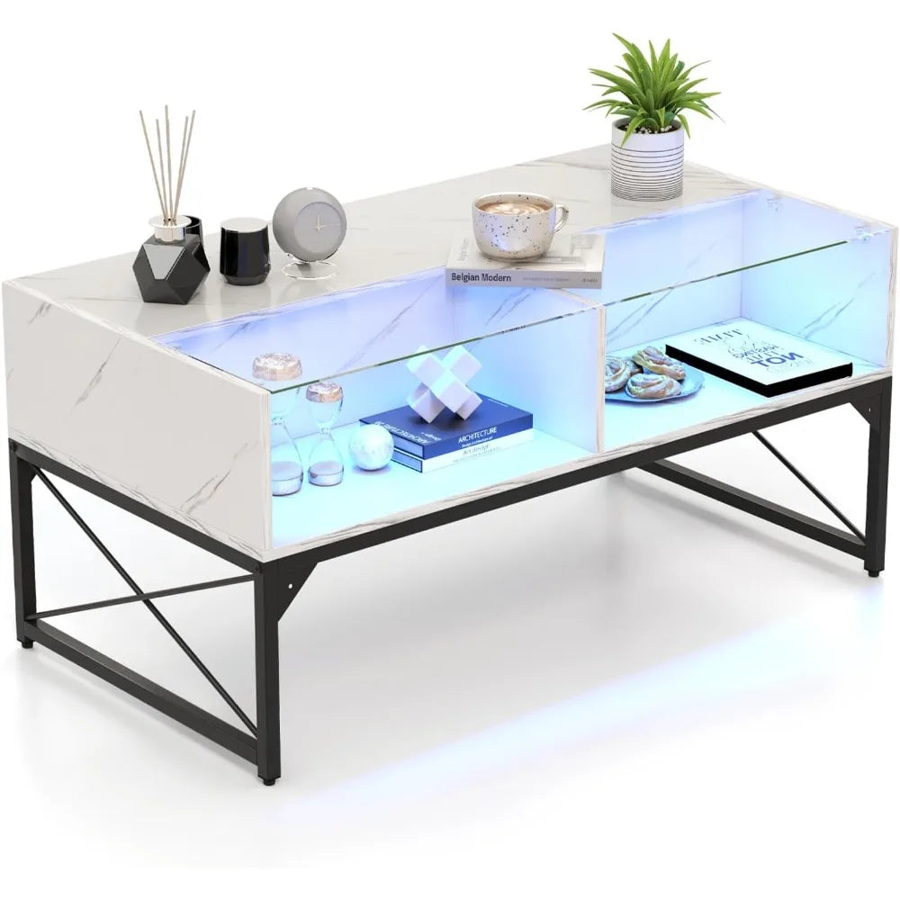 LED Coffee Table With Storage Cubes And Tempered Glass Top