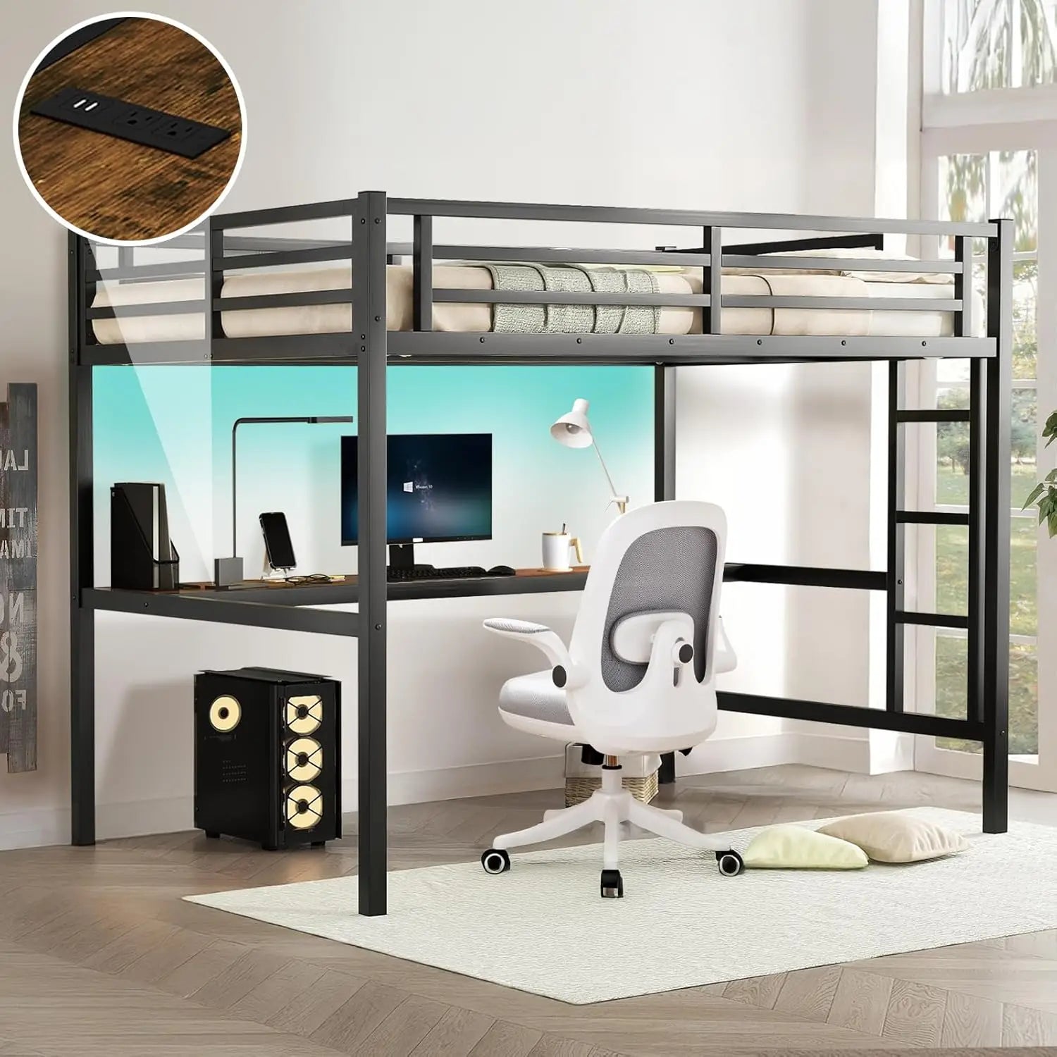 Sturdy Metal Loft Bed Desk LED Lighting And USB Charging