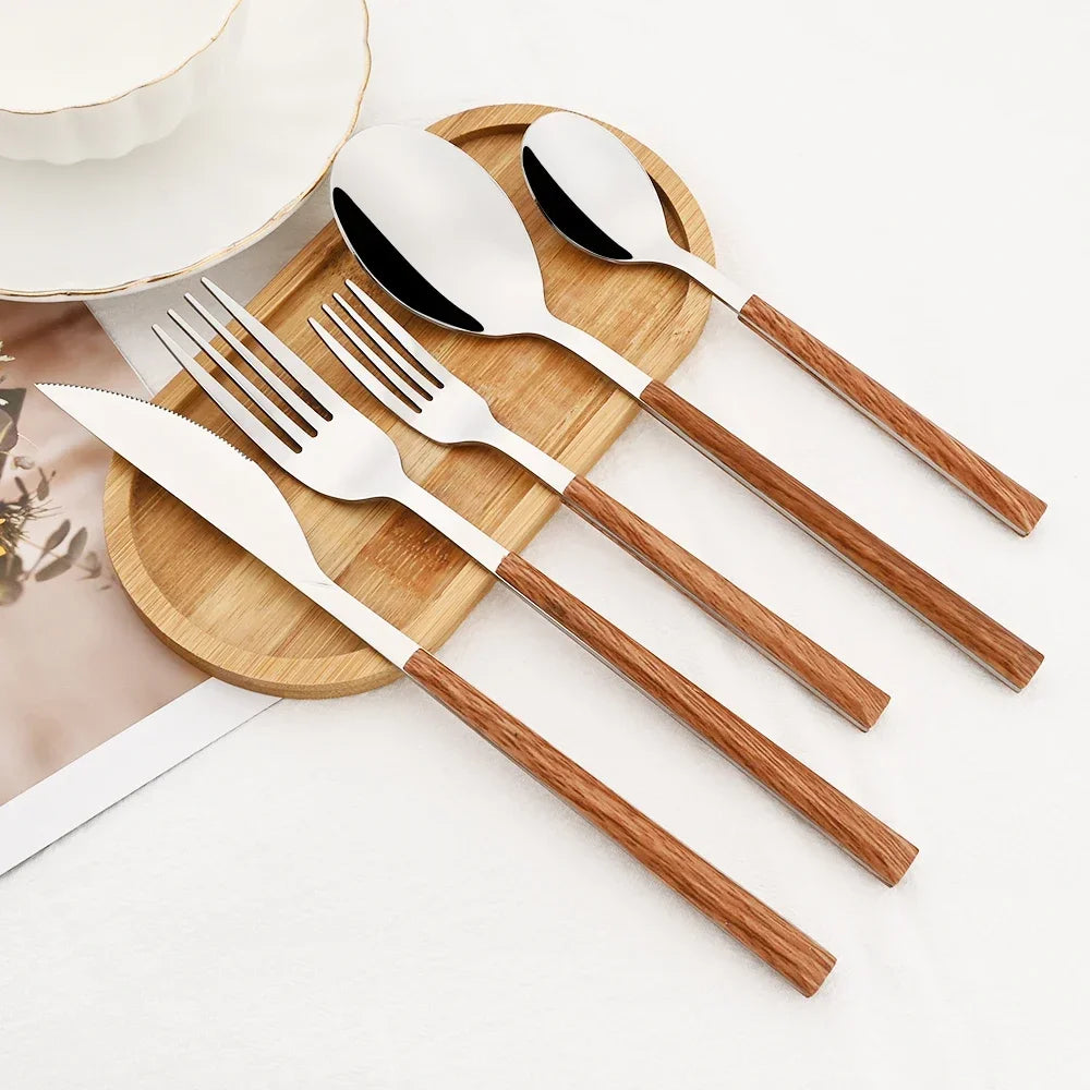 Pinkten 16/24/30Pcs Stainless Steel Imitation Wood Handle Cutlery Set