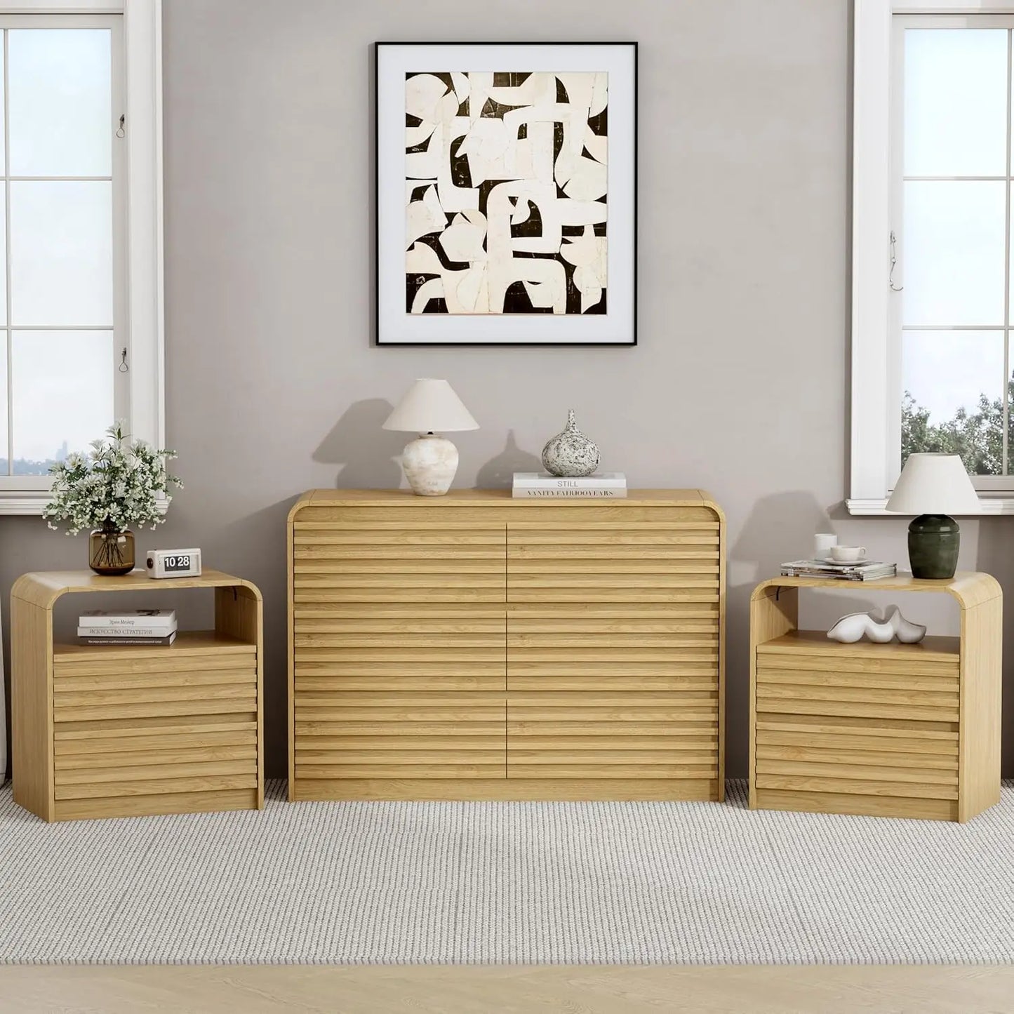 XIAOLANG 3-Piece Dresser and Nightstand Set Modern Fluted Profile