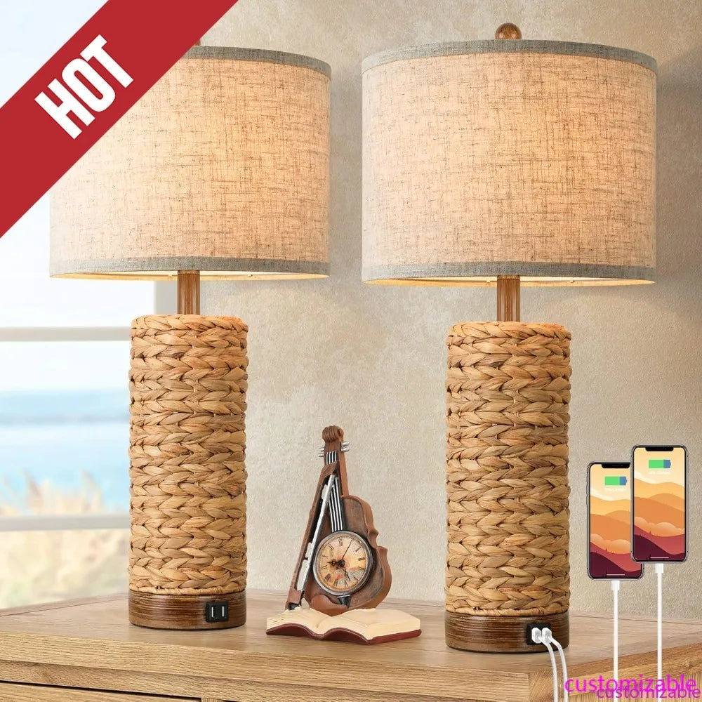XMSJ Customizable Rattan Table Lamps Set With USB Ports