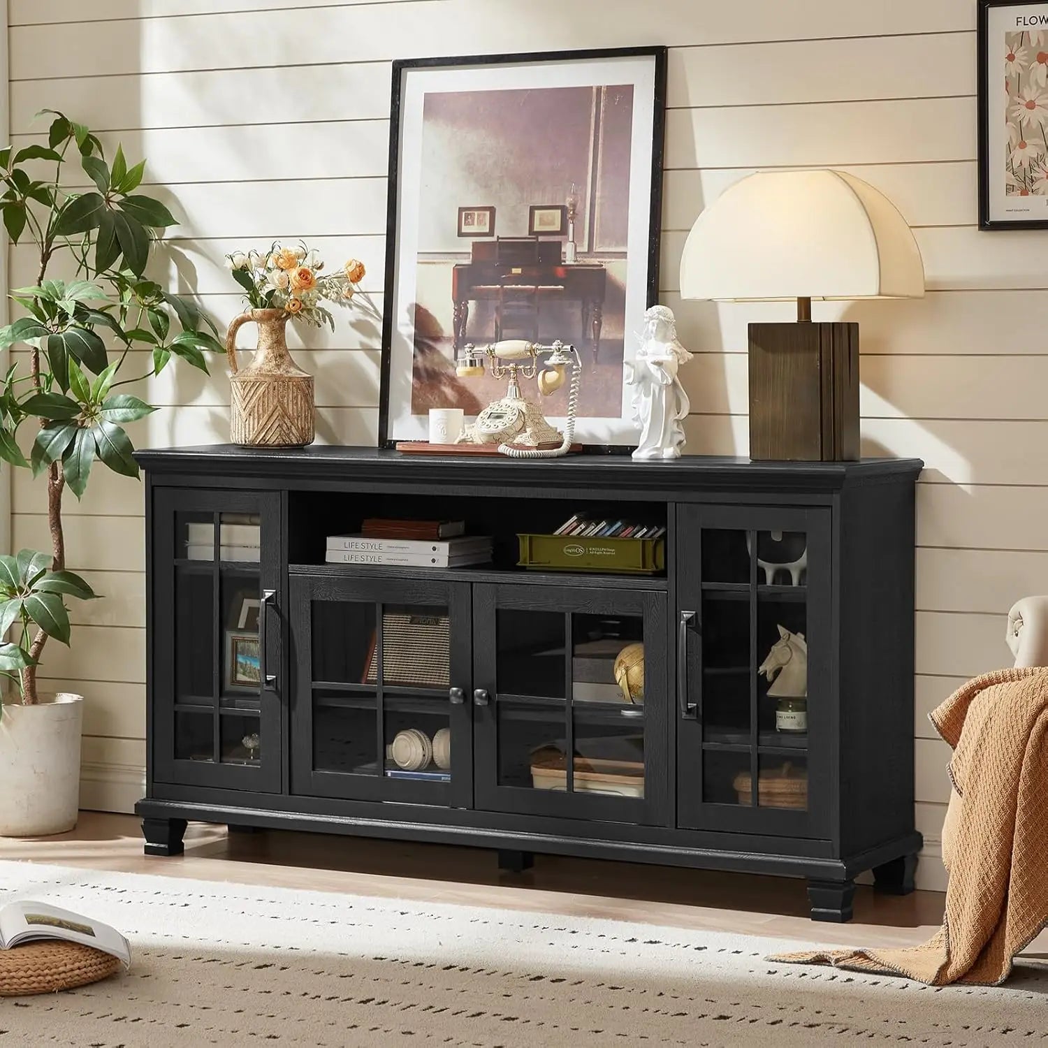 ANGDUO Vintage Farmhouse Sideboard Buffet Cabinet With Glass Doors