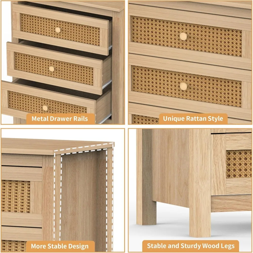 MKDK Boho Rattan Dresser and Nightstands 6 Drawer Set