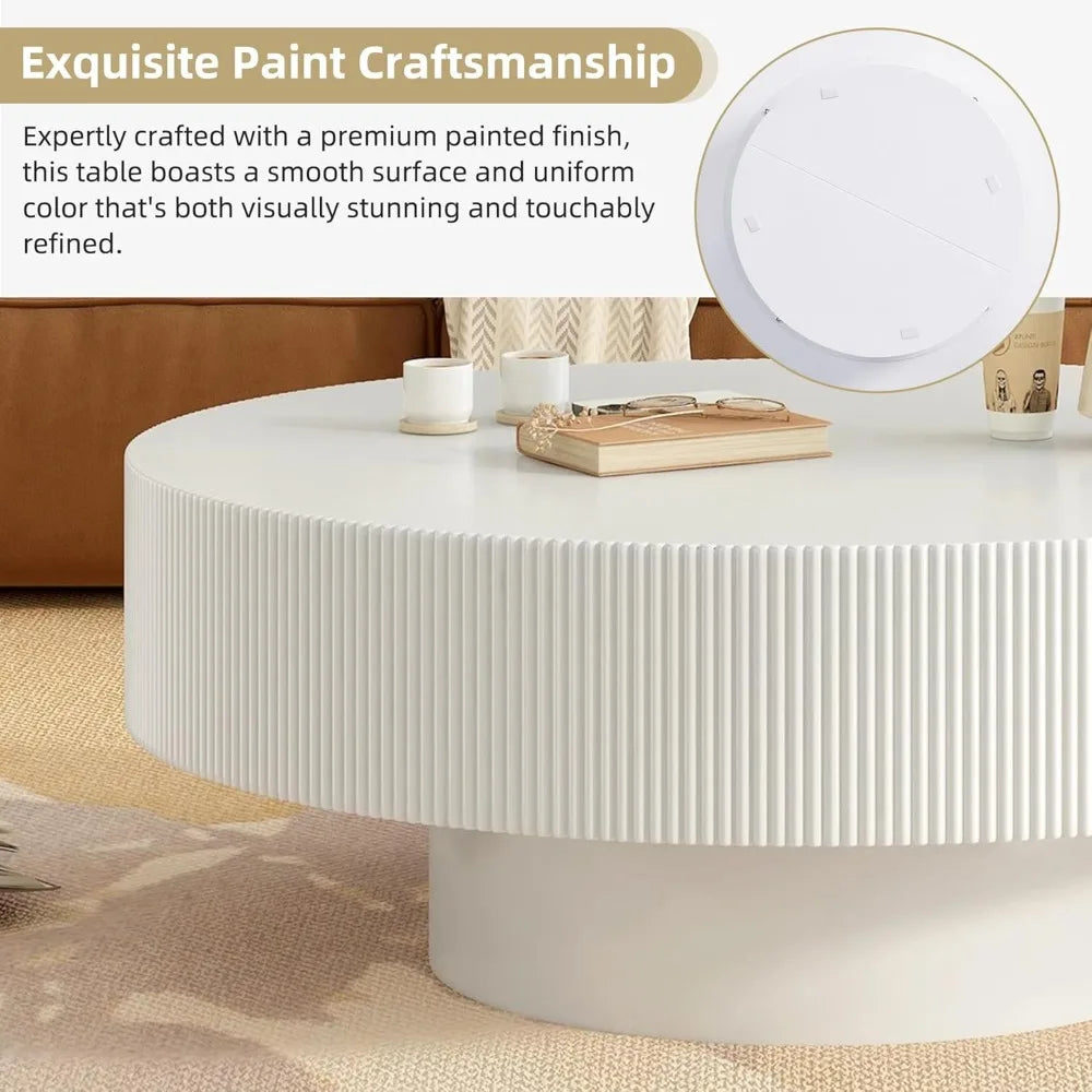 31.5 Inch Round Drum Coffee Table, Modern Handcraft Fluted Drum Coffee Table, Wooden Round Coffee Table Center Table Cocktail Ta