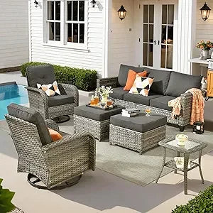 6 Pieces Patio Furniture Set, Outdoor Wicker Sofa Couch with Rocking Swivel Chairs Comfy Cushions, Modern Deep Seat Rattan Conv