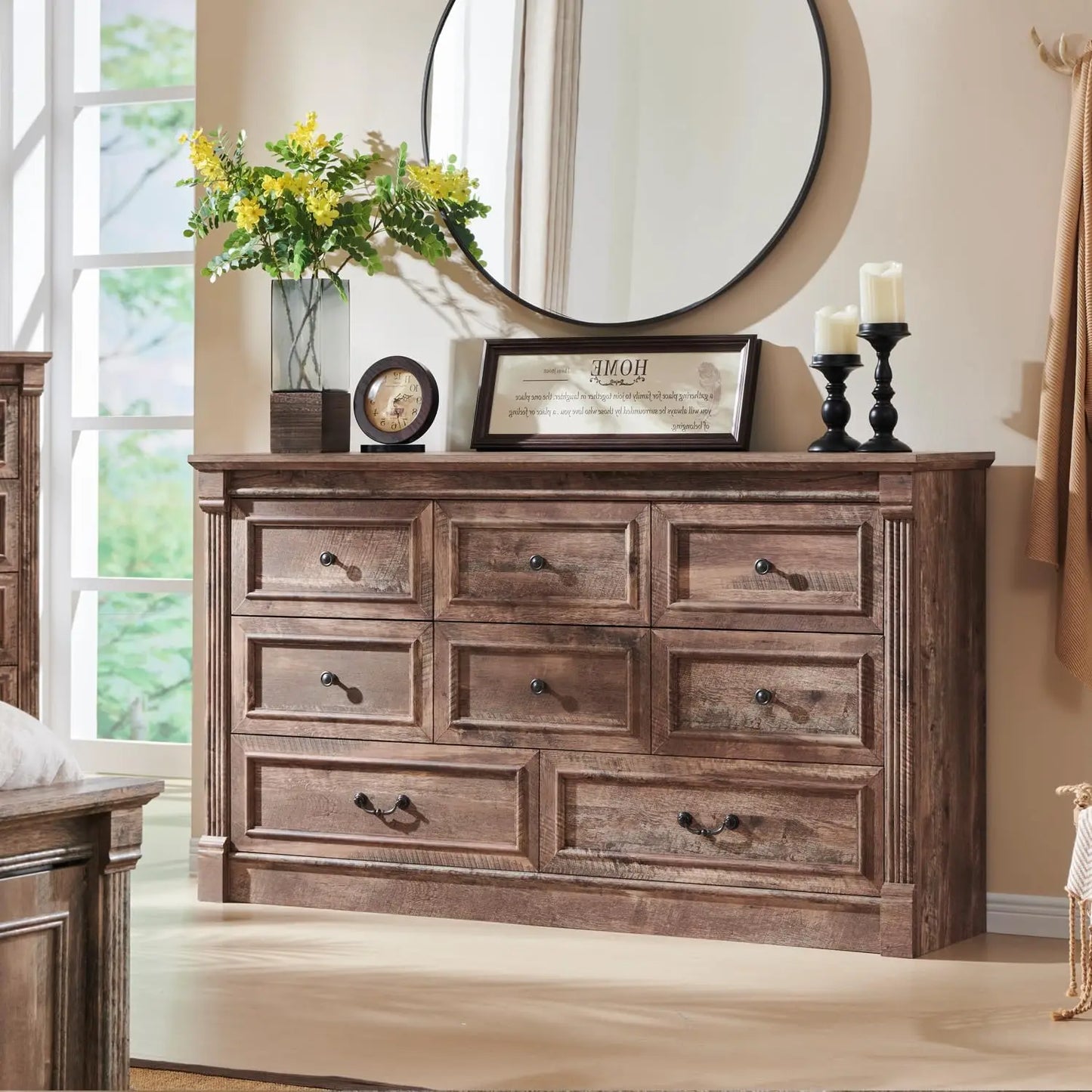 GYROOR Farmhouse 8 Drawer Dresser With Roman Columns