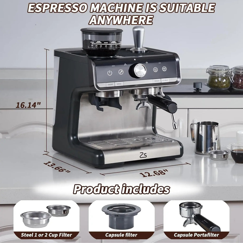 Acekool Espresso Machine With Grinder And Milk Frother Steam Wand