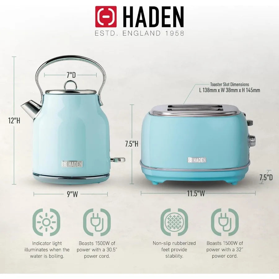 Heritage 1.7 Liter Stainless Steel Electric Tea Kettle with Heritage 2 Slice Wide Slot Stainless Steel Bread Toaster Turquoise