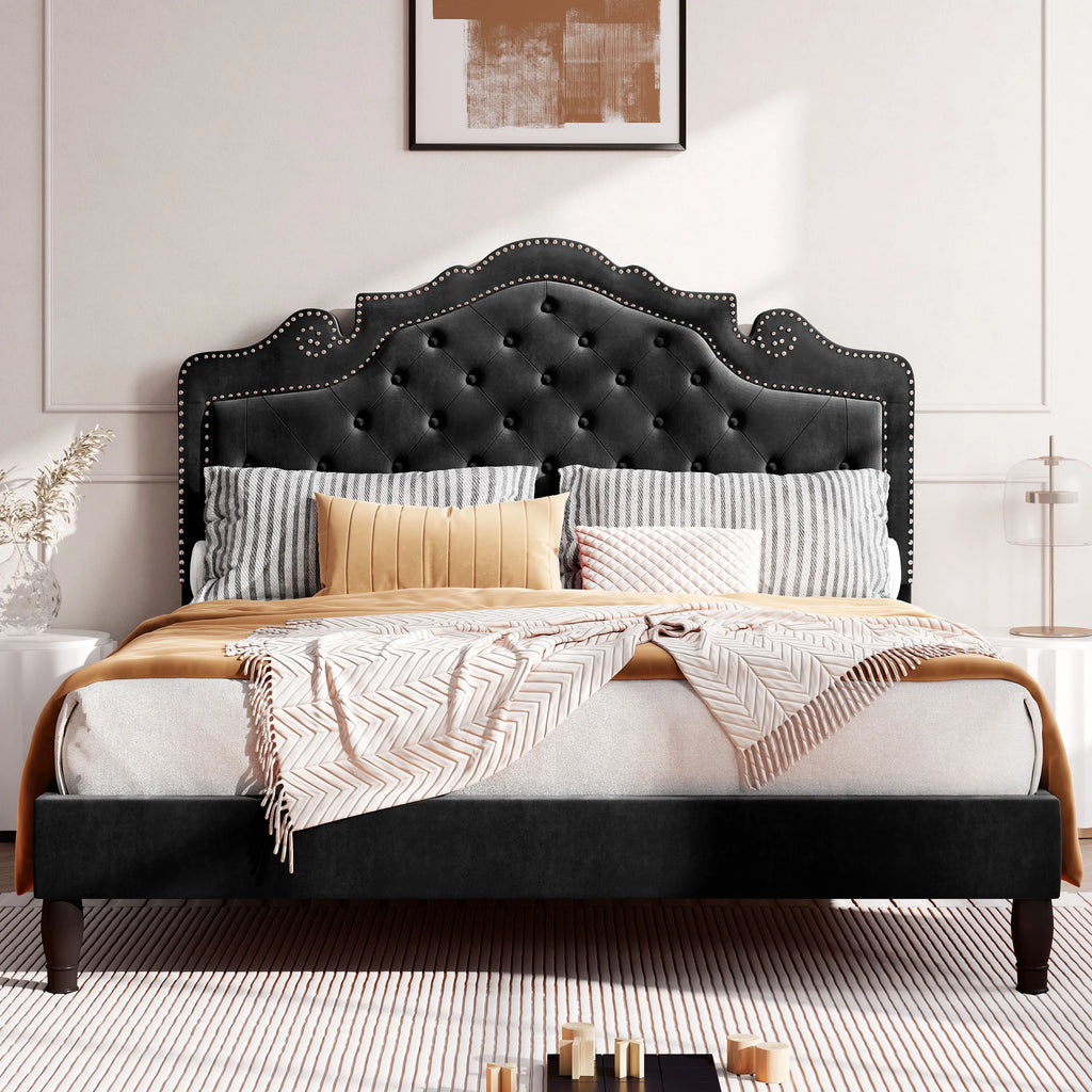HOOMICH Velvet Tiara Headboard Bed Frame Diamond Button Tufted Platform